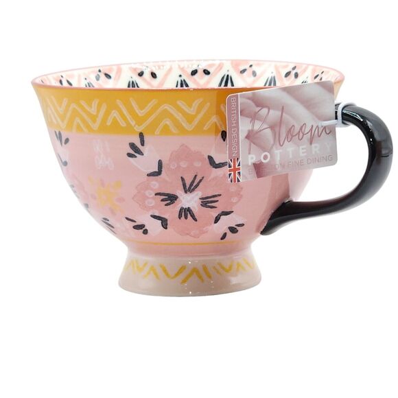 Bloom Pottery Set of 2 Pedestal Ceramic Tea Cups Coffee Mug Hand-Painted Floral - Picture 12 of 16